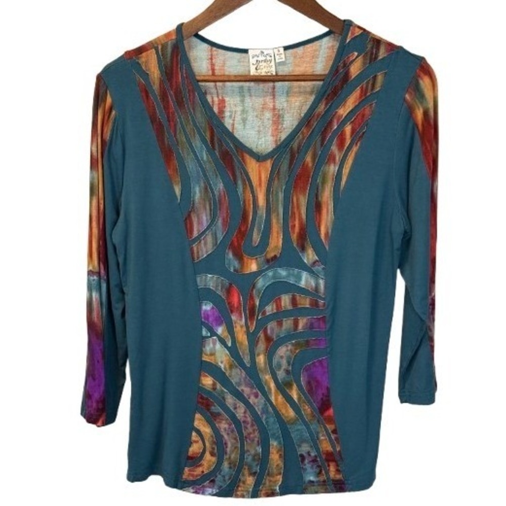 Parsley and Sage Teal Multicolor Openwork V-Neck Tunic Size Small